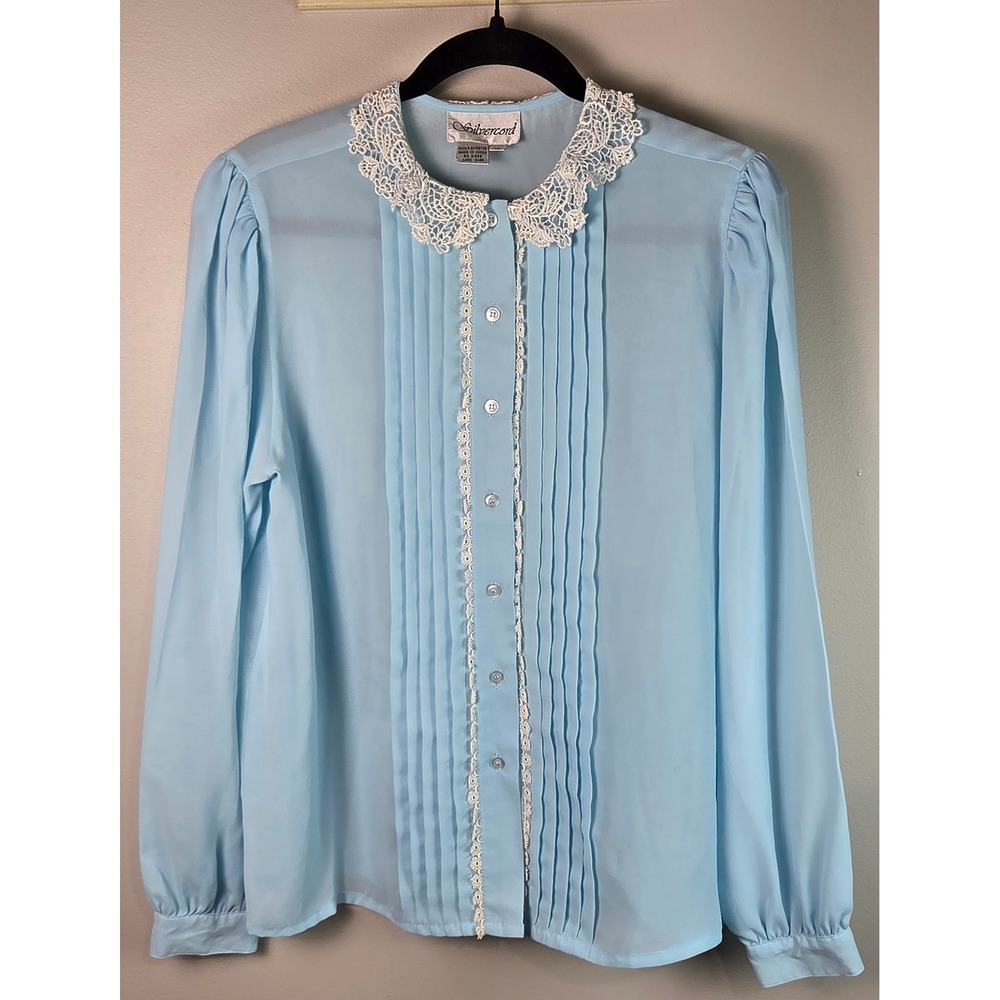 Silvercord Blouse Women 12 Blue Excellent Lace Collar Pintuck Vintage Top